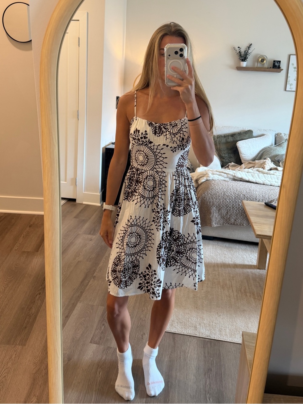 Ruby Rox White Mini Dress with Black Floral Medallion Print